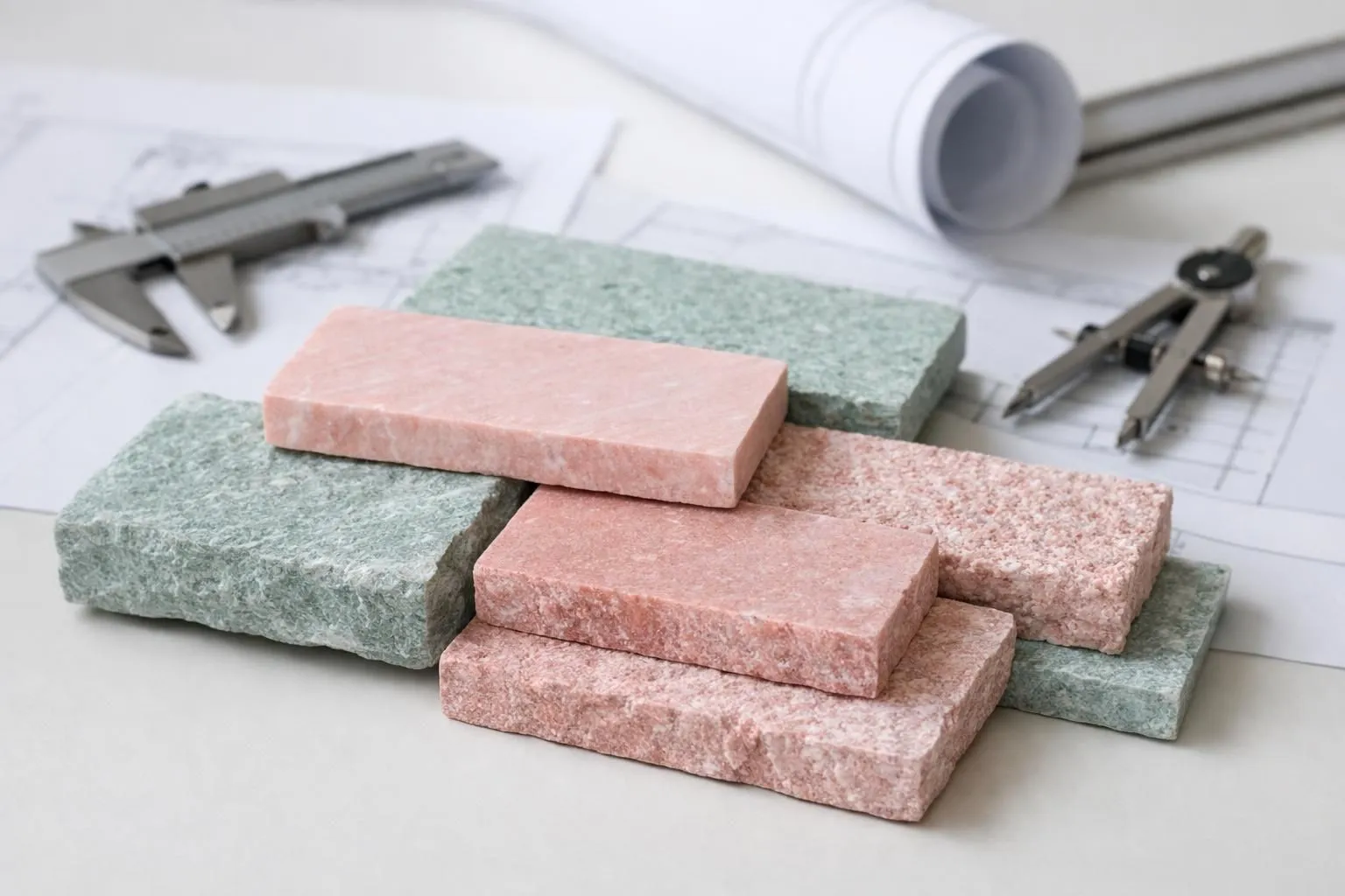Close-up view of natural stone cladding samples arranged on a professional architect's desk with a measuring tool and technical documents, showing different surface finishes like split-face and honed textures for exterior wall applications in Swiss construction projects