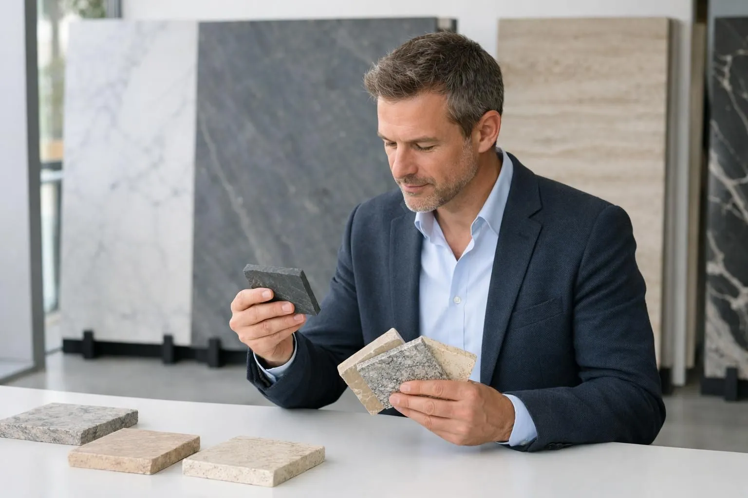 Professional quality inspector examining natural stone slabs with measuring tools in Swiss stone supplier warehouse, quality control process visible with stone samples on inspection table
