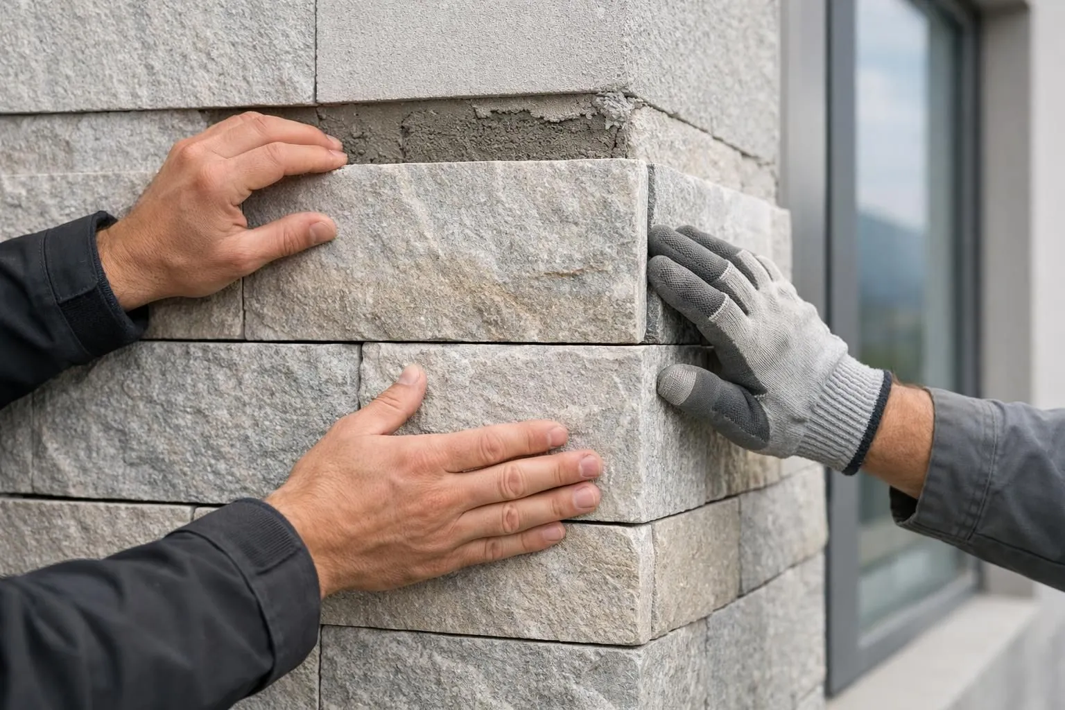 Close-up view of a modern Swiss building exterior showcasing natural stone cladding installation with visible texture variations and precision-cut edges, with workers carefully positioning large stone panels on a contemporary facade under natural daylight