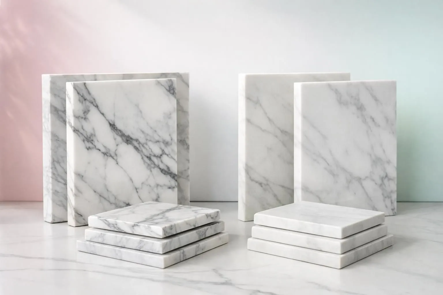 Professional showroom display showing multiple Statuario marble samples with different thicknesses from 10mm to 30mm, polished and honed finishes side by side, natural lighting highlighting white background with grey veining variations, luxury stone material comparison setup