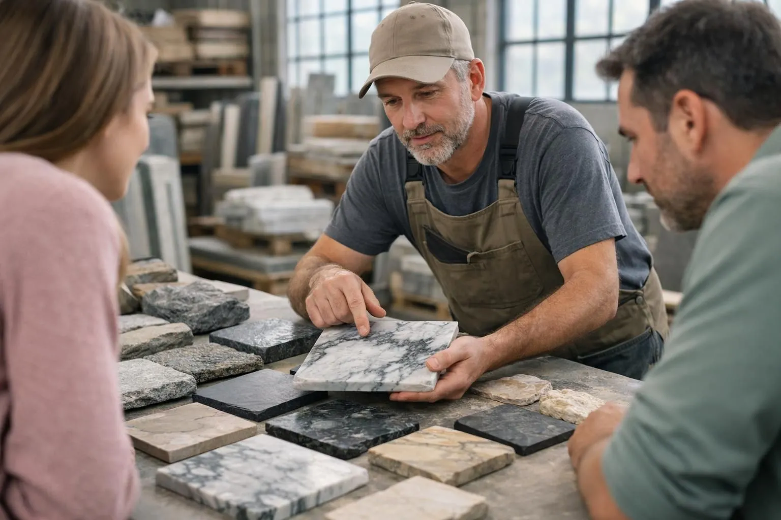 Professional stone warehouse interior showing carefully organized displays of natural stone slabs and samples, with an experienced expert in work clothing consulting with clients over stone material specifications on a large work table, natural daylight filtering through industrial windows, focus on authentic craftsmanship and material expertise in construction supply setting