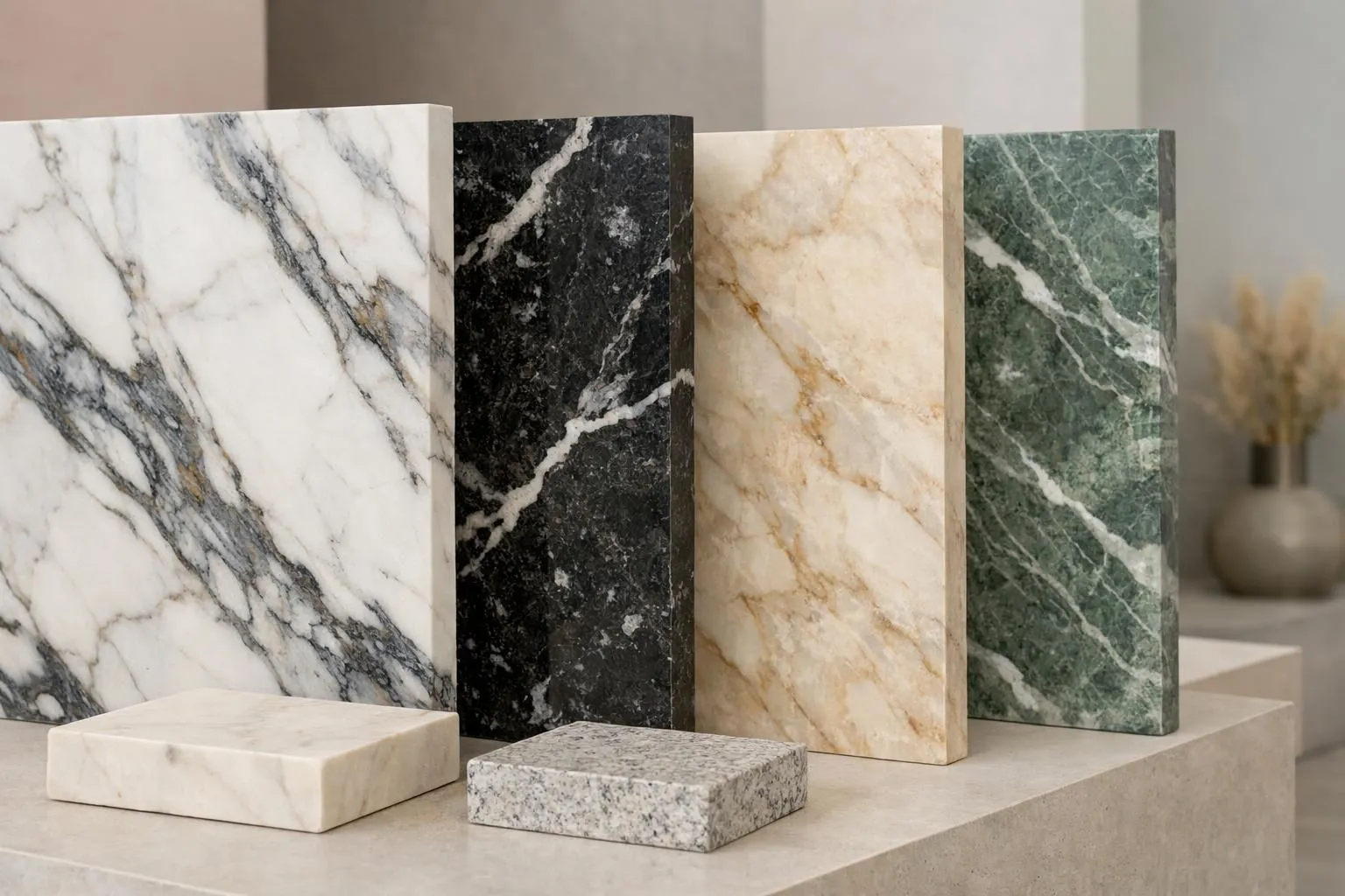 Elegant showroom display featuring various natural stone slabs with distinct veining patterns, close-up textures of marble and granite samples showing unique colors and natural formations, high-end material selection for Swiss construction projects