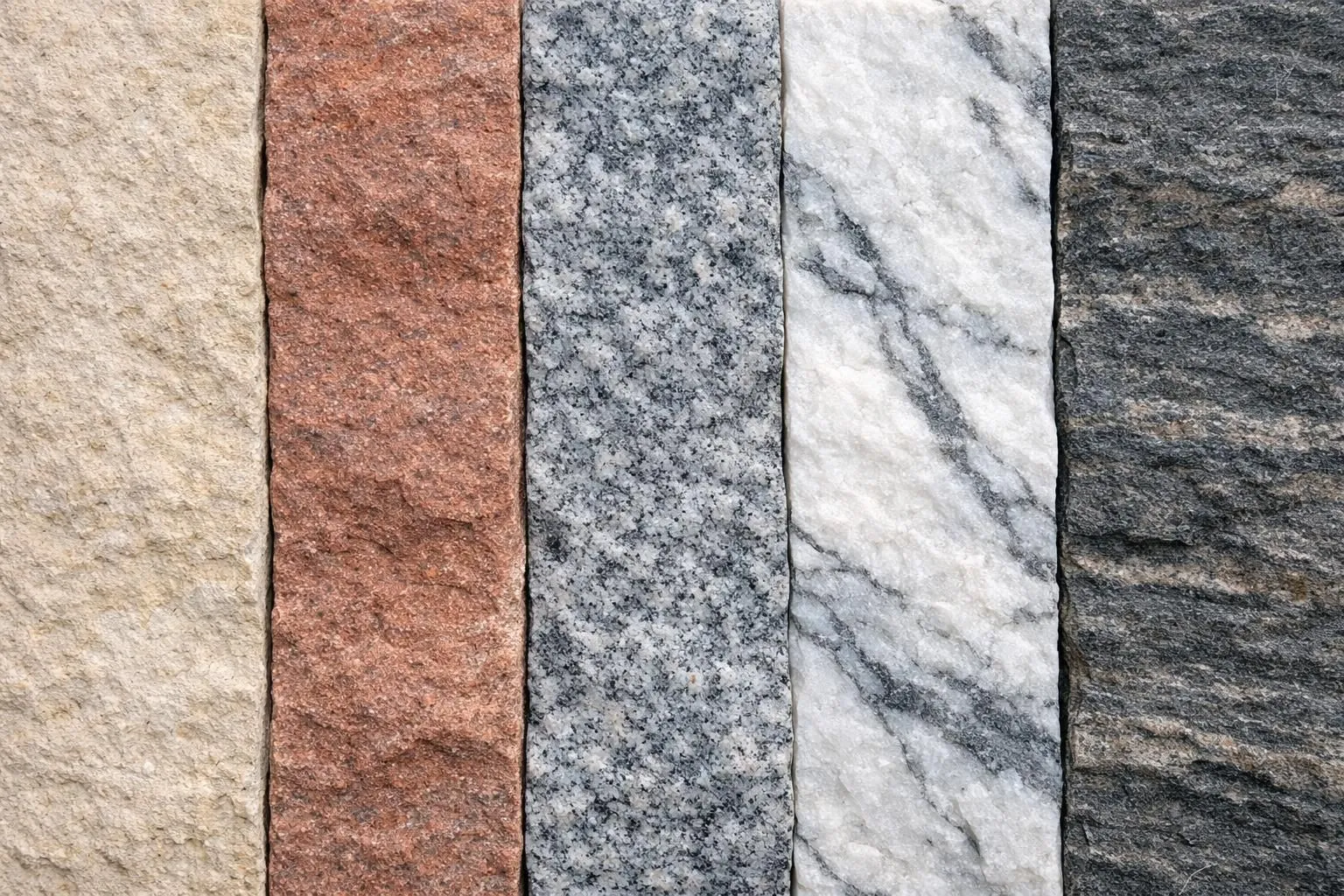 Close-up composition showing five different natural stone types arranged side by side with distinct textures and colors - limestone with warm beige tones, reddish-brown sandstone, grey granite with crystalline structure, white quartzite with subtle veining, and dark gneiss with characteristic banding patterns - professional material photography for garden wall construction