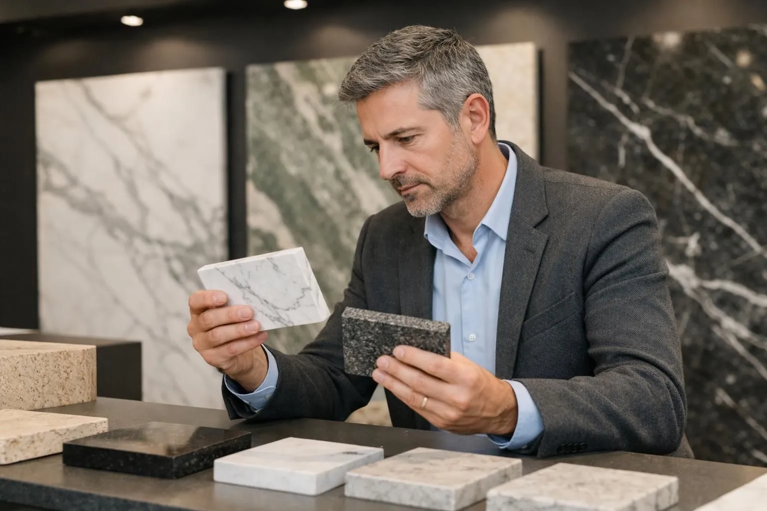 Modern architectural consultation scene in luxury natural stone showroom with architect reviewing large marble and granite samples on display tables, professional lighting highlighting stone textures and veining patterns, contemporary Swiss business setting with diverse stone slabs arranged vertically on walls