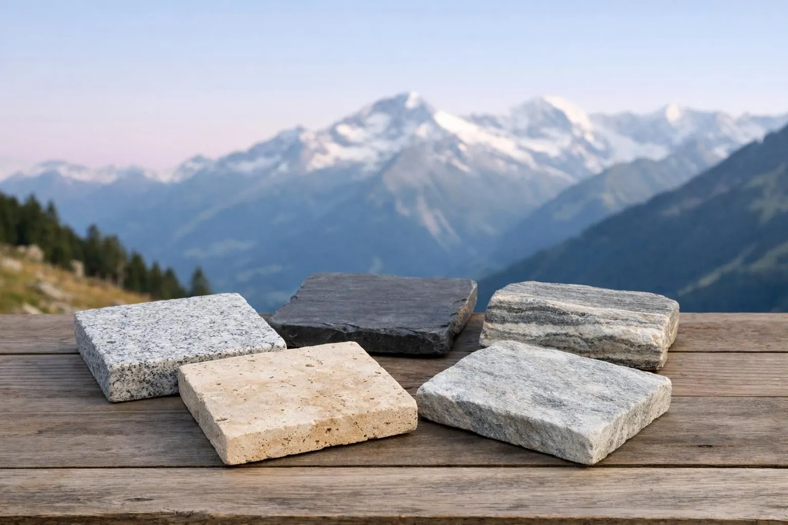 Five different natural stone paving samples arranged on a wooden surface for comparison - granite, travertine, slate, gneiss, and quartzite tiles showing distinct textures and colors, photographed outdoors in natural daylight with Swiss Alpine mountains blurred in background