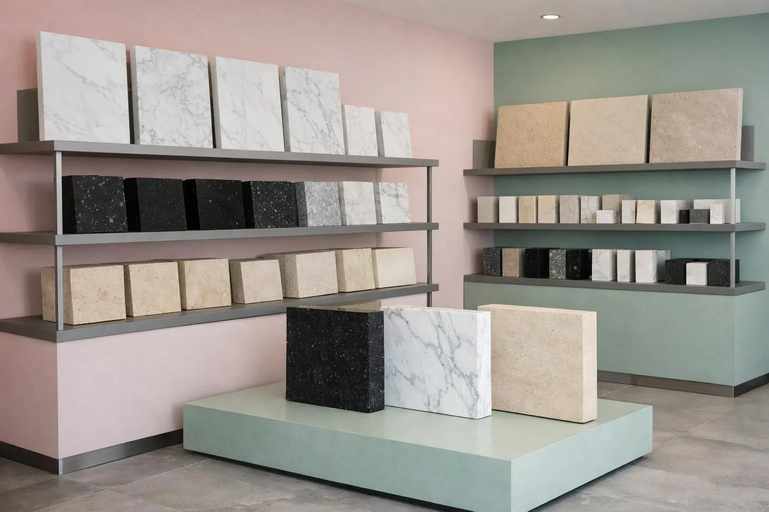 Professional showroom displaying diverse natural stone slabs including white Carrara marble, dark granite, and beige limestone arranged vertically on display racks with architectural samples and color variations in a modern Swiss supplier facility for construction professionals