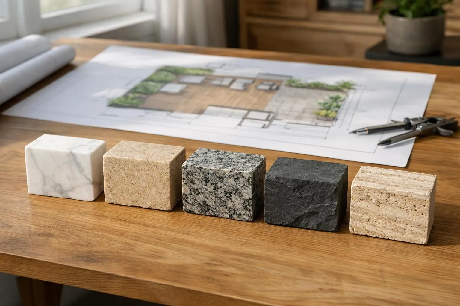 Five distinct stone samples arranged side by side on a wooden architect's table in Switzerland: gray granite, beige sandstone, cream limestone, honey-colored travertine, and dark slate, each showing unique natural textures and finishes, with a landscape blueprint of a terrace visible underneath, natural daylight from a window illuminating the stone surfaces