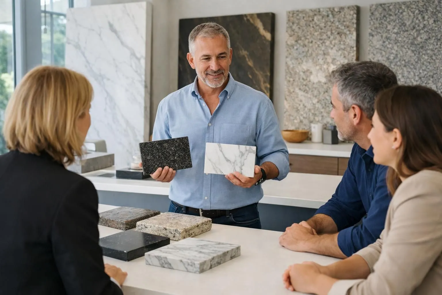 Modern stone supplier showroom in Vaud Switzerland displaying vertical granite and marble slabs for kitchen countertops, professional consultant in business attire presenting natural stone samples to architects and kitchen designers at consultation table, bright natural lighting highlighting stone textures and colors