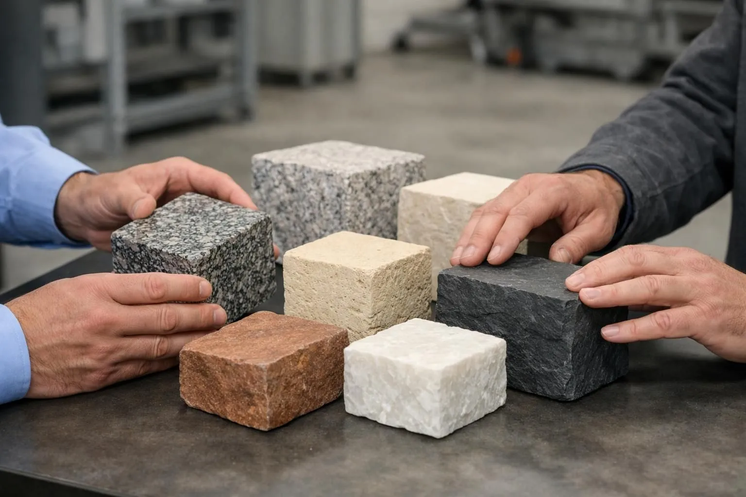 Warehouse display showing five distinct natural stone block types arranged in professional lighting: granite, limestone, sandstone, quartzite and slate blocks with visible texture and color differences, no text or labels visible, commercial material setting with expert examining quality