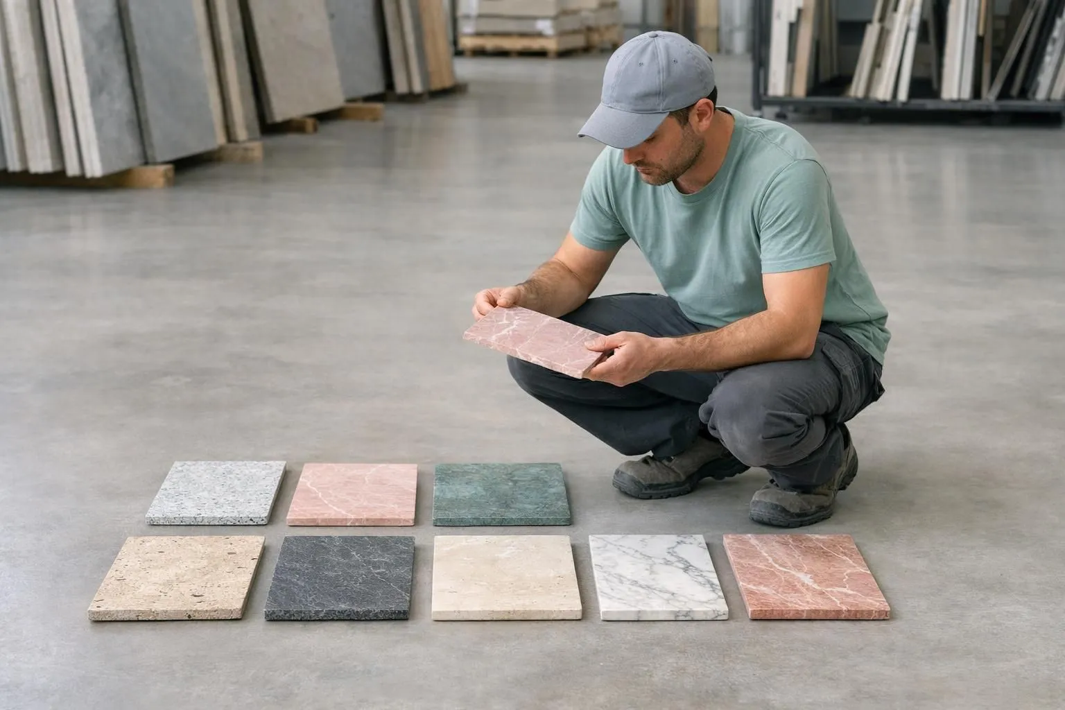 Industrial warehouse floor showcasing different natural stone samples including granite, basalt, and limestone tiles, professional installation setting with workers examining material quality, realistic lighting, Swiss industrial context