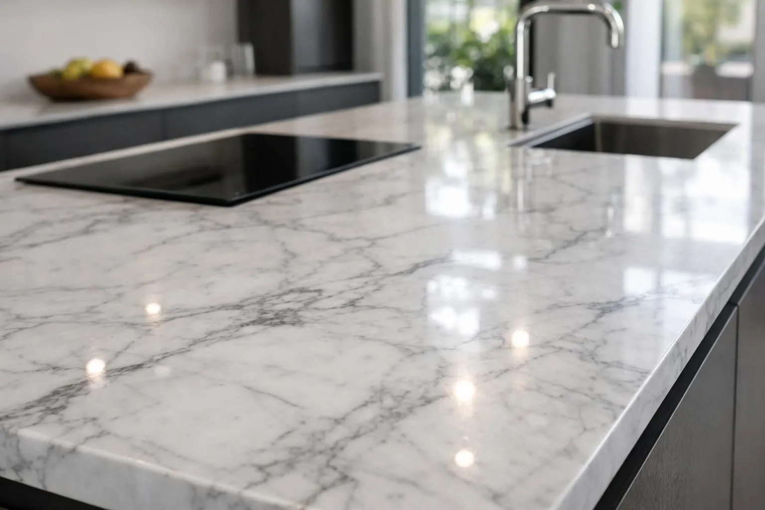 Plan de travail en marbre blanc Carrare avec veines grises naturelles installé dans cuisine moderne suisse, îlot central avec découpes pour évier encastré et plaque induction, finition polie brillante reflétant lumière naturelle, armoires contemporaines en arrière-plan