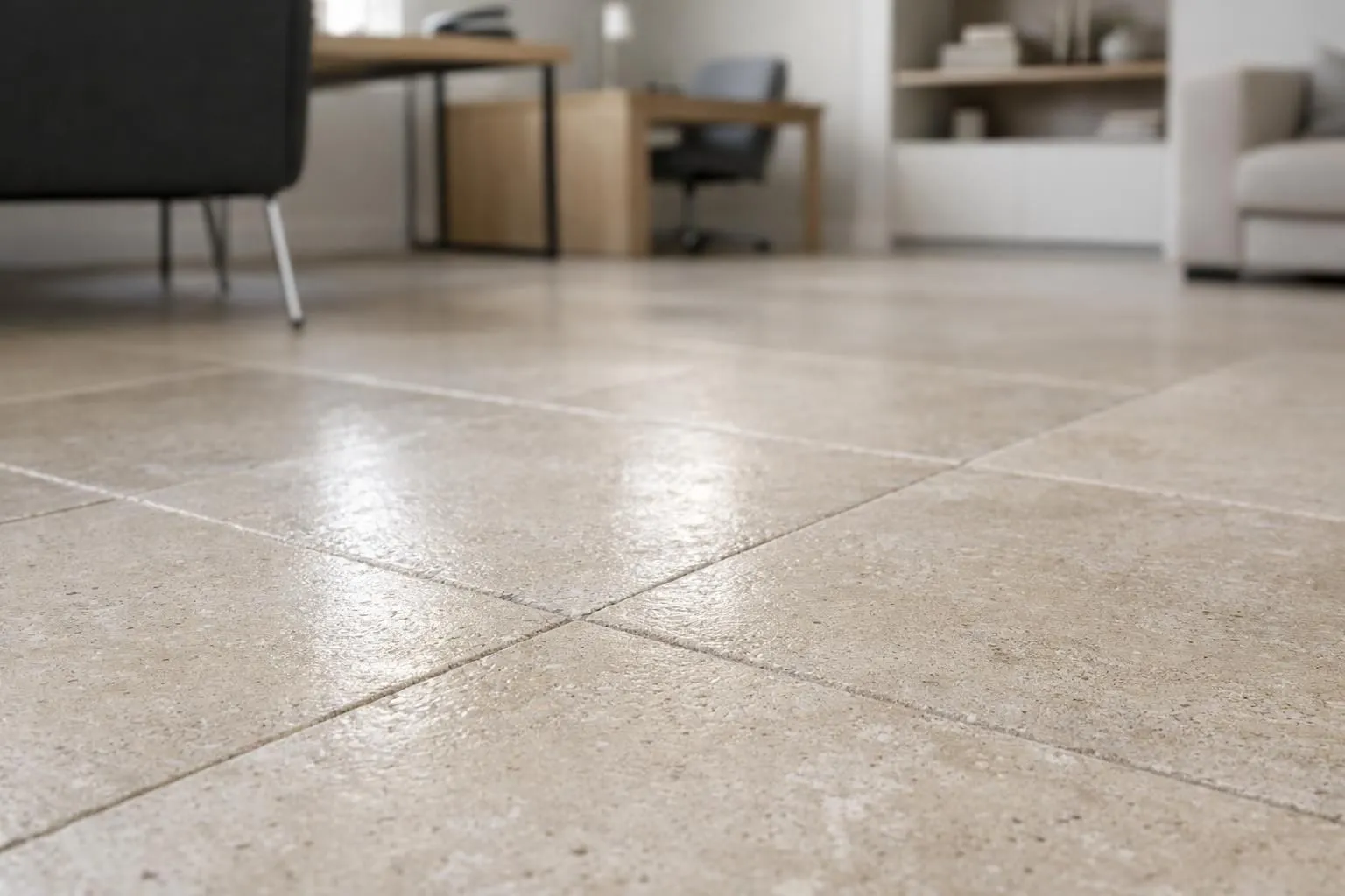 Elegant modern Swiss living room featuring beige limestone wall cladding with sandblasted texture, complemented by matching floor tiles, large windows with mountain view, minimalist furniture, soft natural lighting creating subtle shadows on the textured stone surface