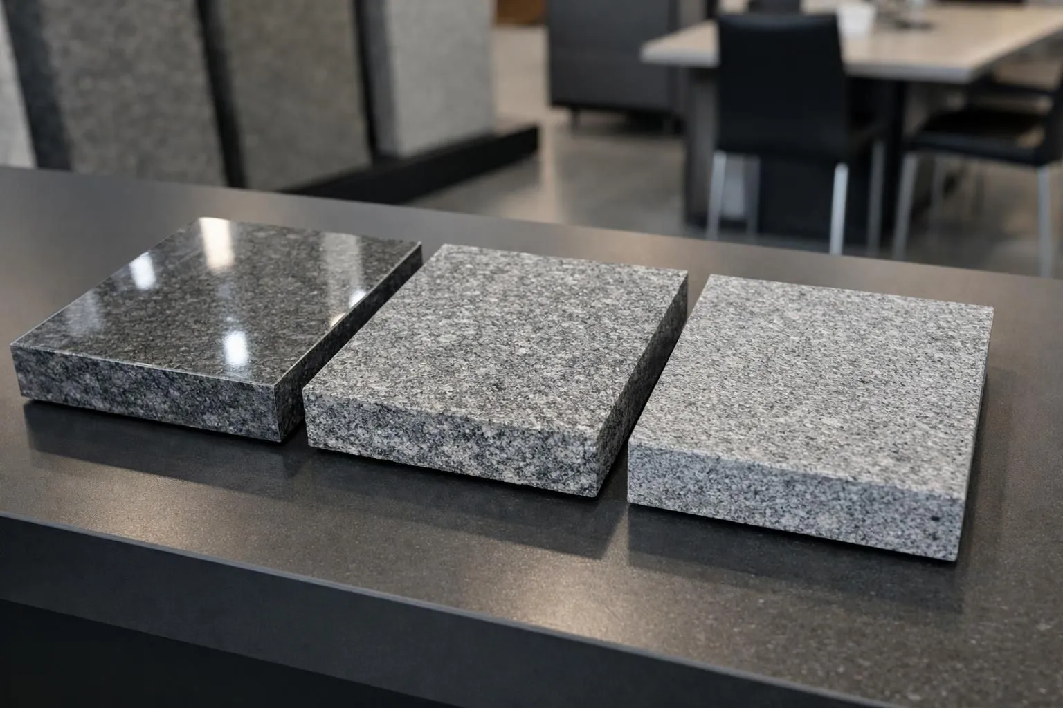 Close-up comparison of three granite samples in grey mouse color showing different surface finishes: one polished reflecting light, one flamed with rough texture, one brushed with subtle natural grain, arranged side by side on a professional showroom table in Switzerland