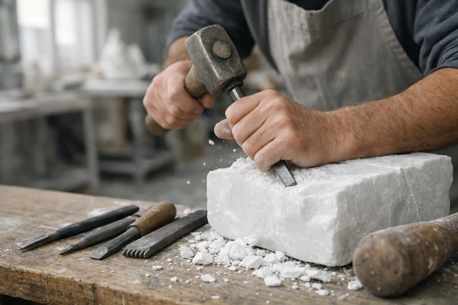 Artisan sculpteur travaillant un grand bloc de marbre blanc dans un atelier professionnel avec outils de précision, copeaux de pierre au sol, éclairage naturel d'atelier, ambiance industrielle raffinée, scène réaliste de transformation de pierre brute en mobilier élégant
