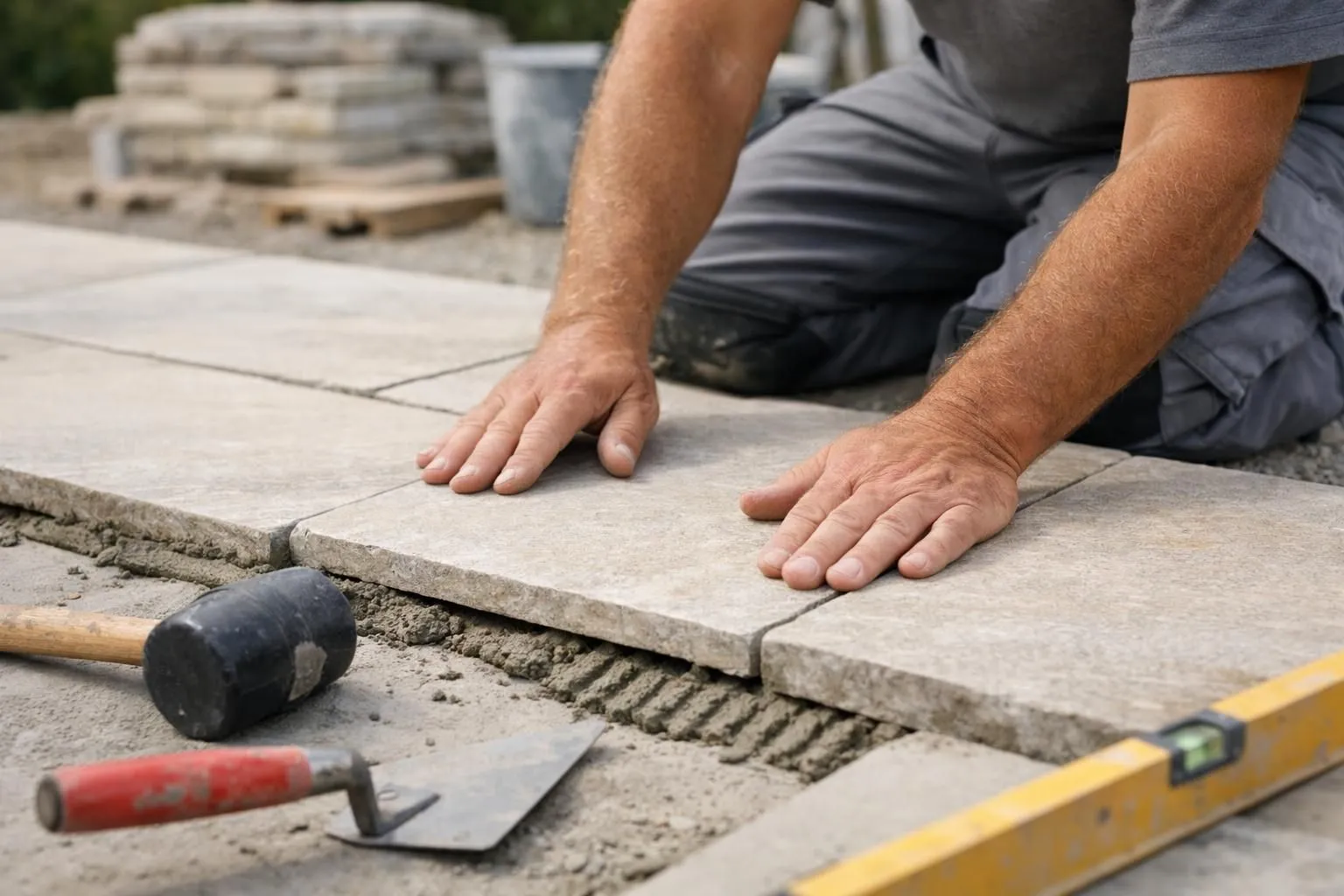 Professional stonemason carefully installing large natural stone slabs on outdoor terrace, craftsman measuring and adjusting heavy stone tiles with specialized tools, construction site with stone materials visible in background
