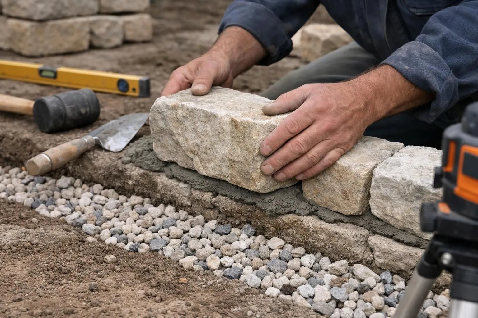 Professional mason carefully placing natural stone blocks on a garden wall foundation with visible drainage gravel layer, construction tools and measuring equipment nearby, outdoor construction site with authentic worksite atmosphere
