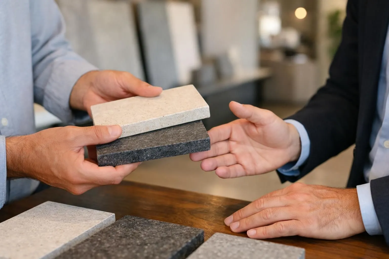 Stone supplier professional showing natural stone coping samples to architect in showroom, with technical diagrams and material specifications visible on table, Swiss commercial setting