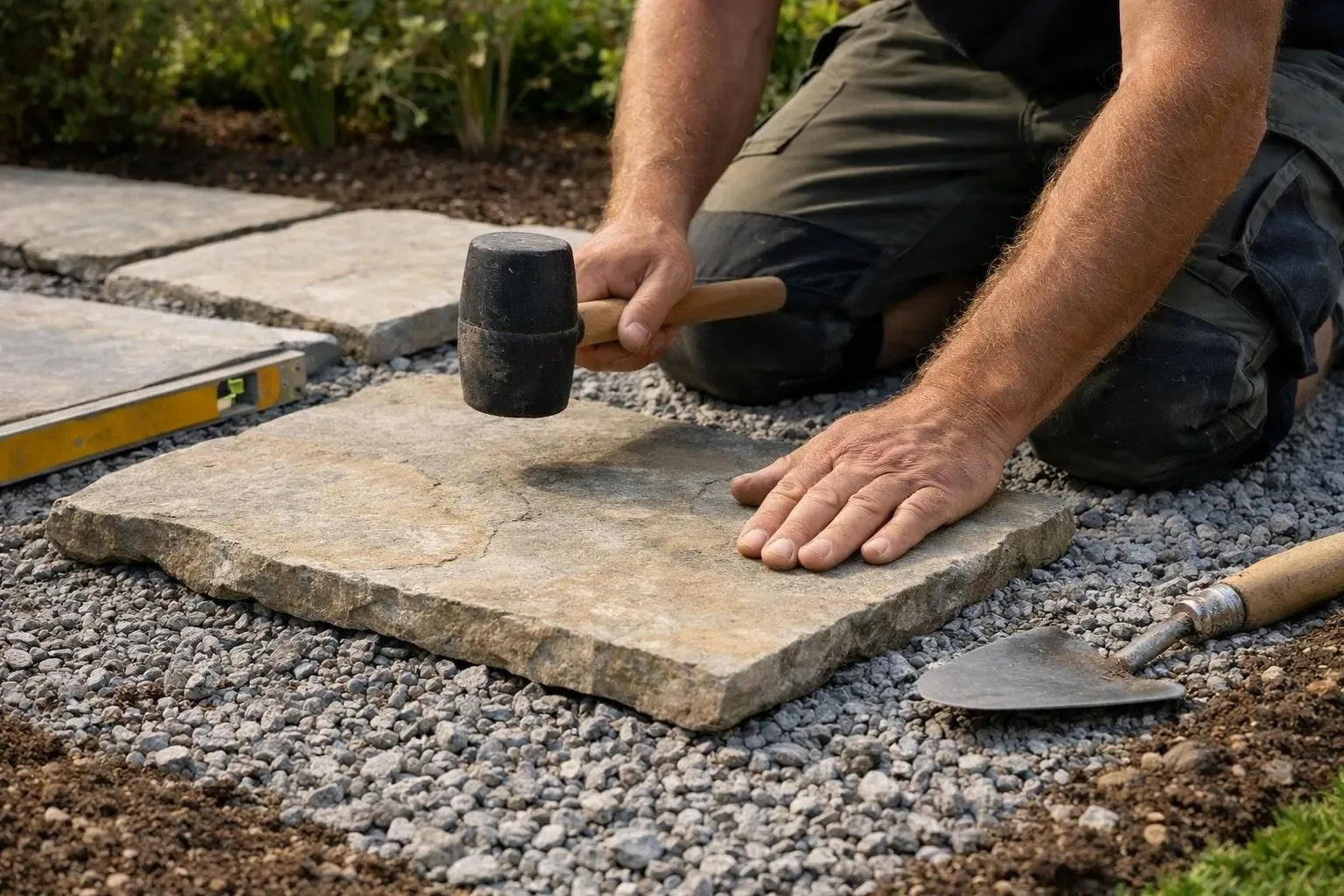 Professional landscaper in work clothes carefully installing large natural stone slabs on prepared gravel base in Swiss residential garden, showing precise leveling technique with tools, afternoon natural lighting, focus on technical installation process