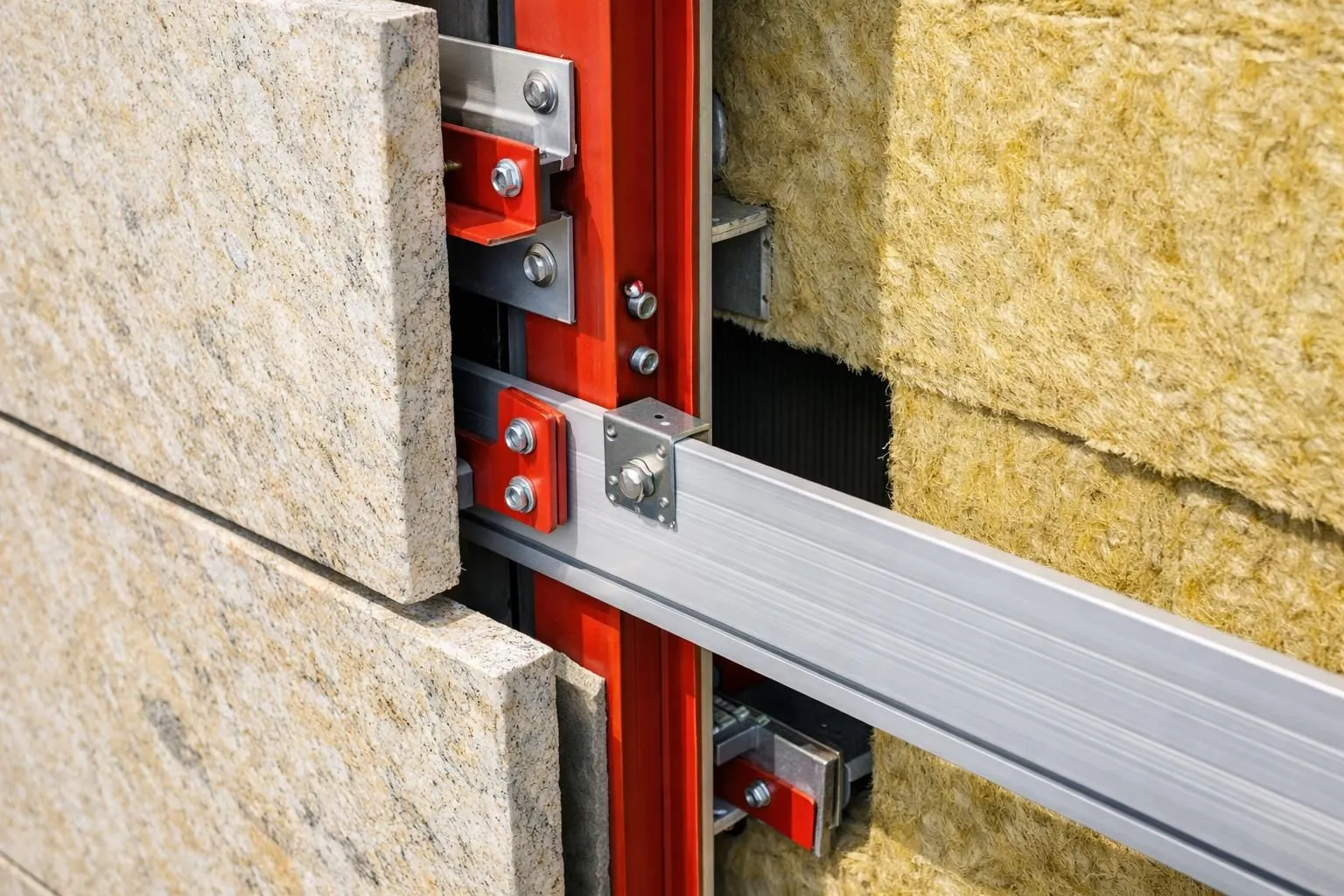 Vue en coupe d'un mur avec système de façade ventilée en pierre naturelle beige montrant les rails de fixation métalliques, l'isolation thermique jaune, et l'espace d'aération entre le mur et les dalles de pierre, détails techniques visibles avec agrafes en acier inoxydable