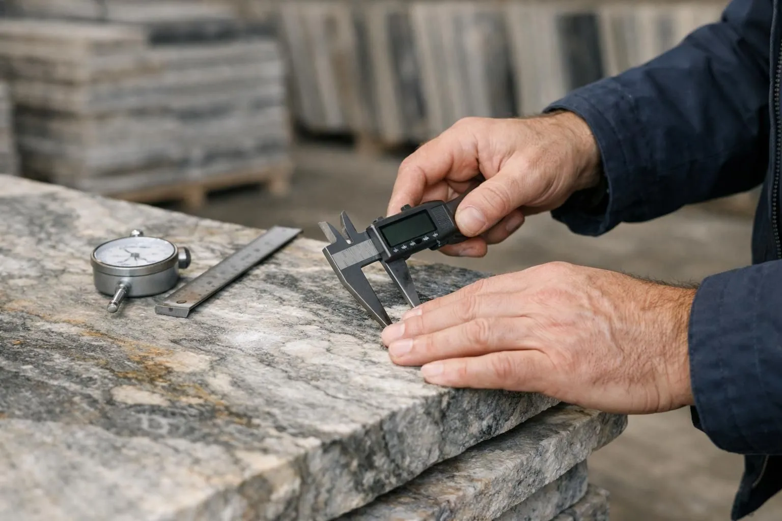 Quality control inspector examining natural stone slabs with measuring tools in a quarry warehouse, showing detailed verification process for a projet aménagement extérieur pierre naturelle, professional lighting highlighting stone textures and color variations