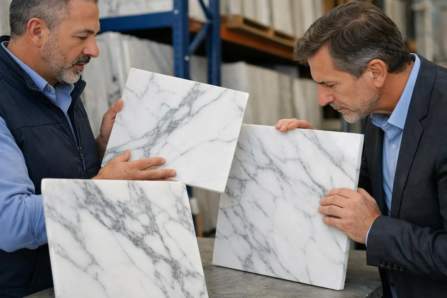 Close-up of stone merchant and architect examining multiple white Statuario marble slabs with varying vein patterns in professional warehouse setting, highlighting visual quality differences between samples