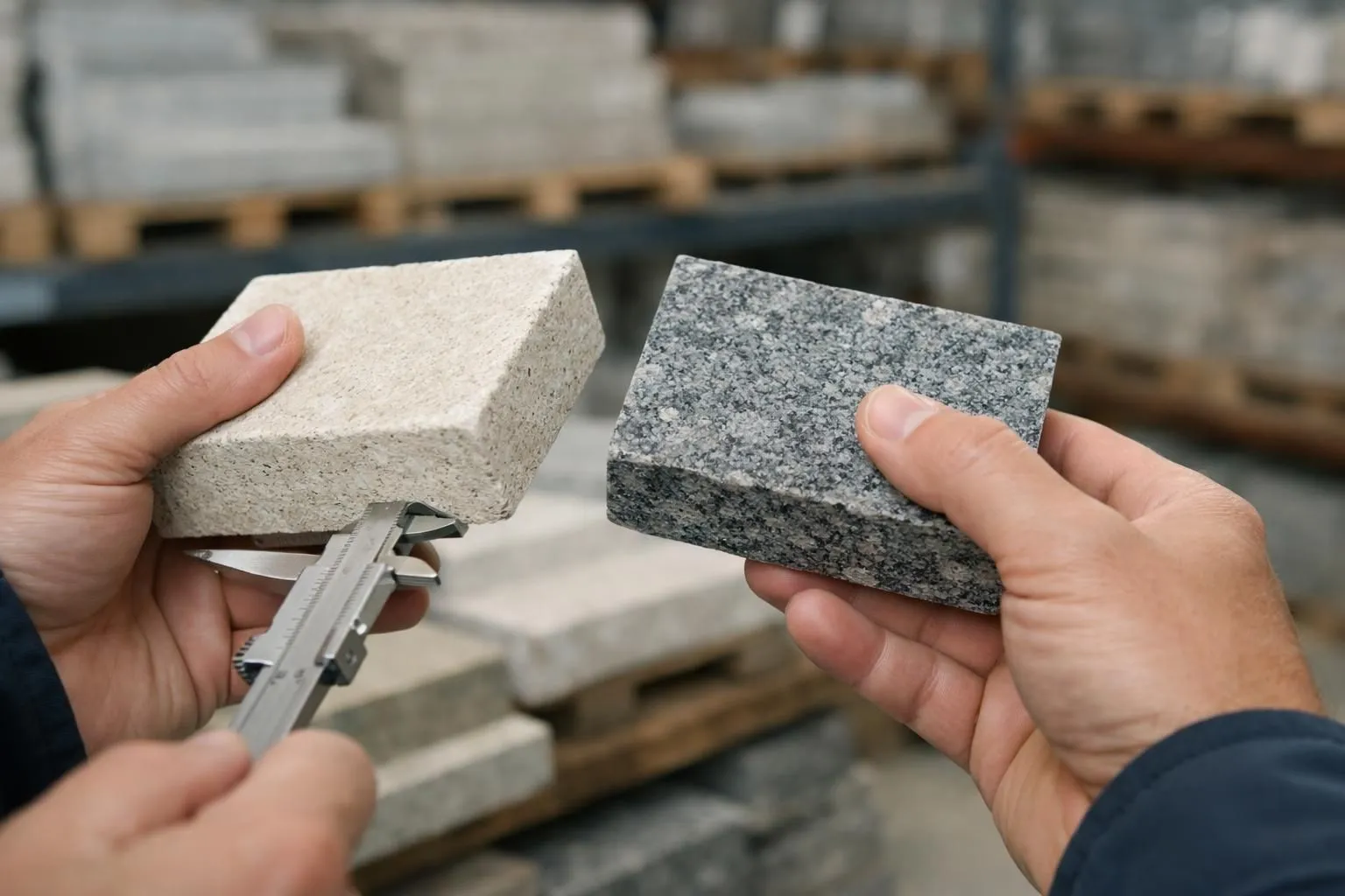 Professional construction material buyer inspecting natural stone blocks in warehouse facility, comparing quality grades and calibration measurements with technical documentation spread on wooden crates, industrial lighting revealing texture differences between stone samples
