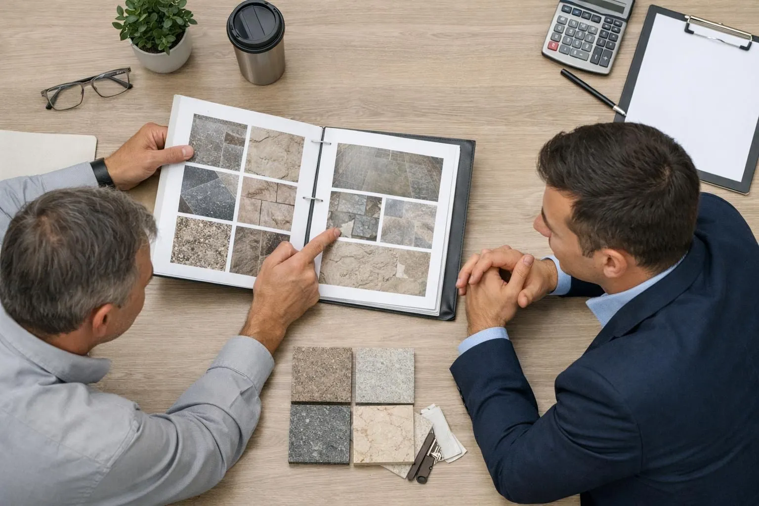Industrial consultant showing technical documentation about natural stone flooring to business professional in modern office, documents displaying stone durability charts and maintenance specifications on desk, serious discussion atmosphere, real photography style