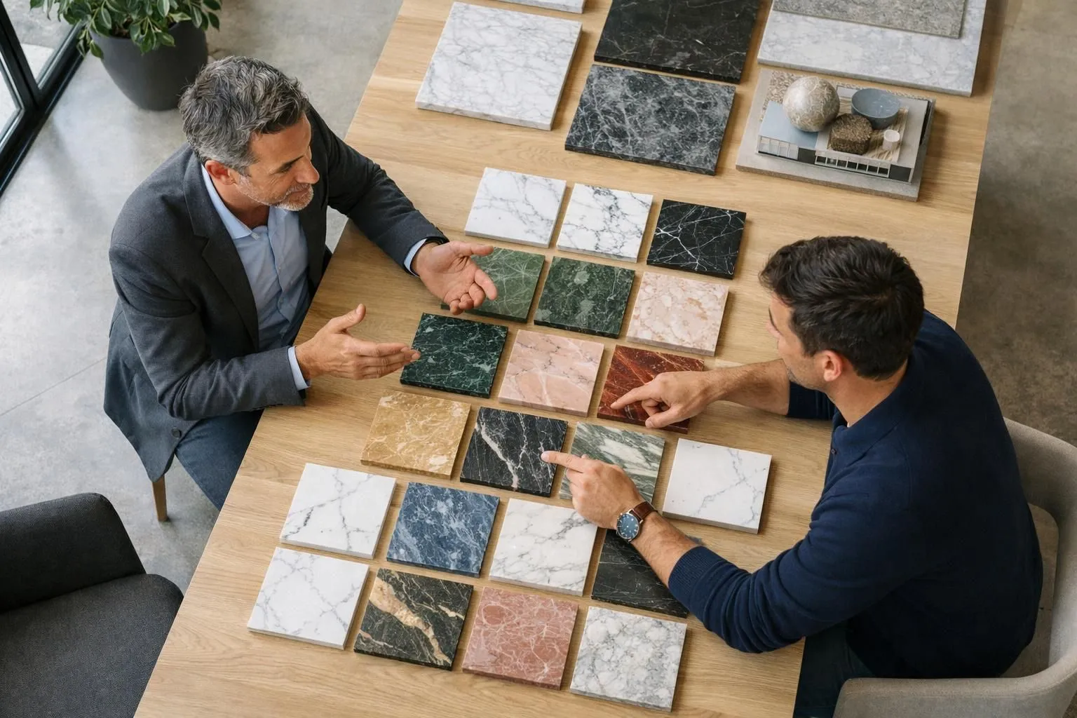 Architecte professionnel et client en discussion devant des échantillons de marbre de différentes couleurs disposés sur une table de présentation dans un showroom moderne avec éclairage naturel, l'architecte pointant vers des échantillons pendant qu'ils comparent les finitions