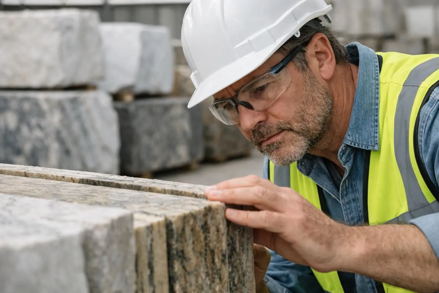 Professional quality inspector examining natural stone slabs in a quarry warehouse, checking for defects and cracks under natural light, with various marble and granite blocks in the background, realistic industrial setting