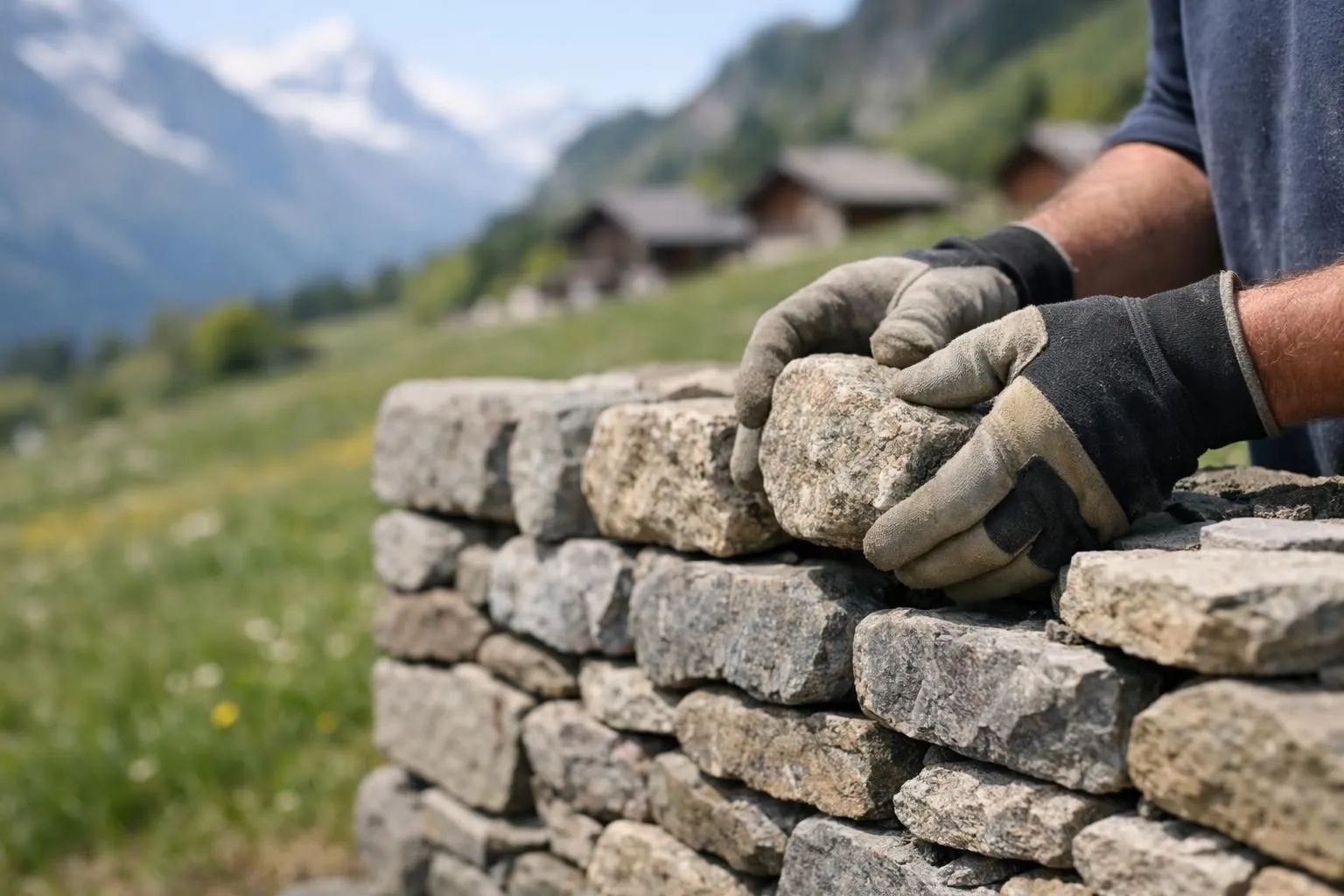 Artisan construisant des murets pierre sèche suisse traditionnels dans un paysage alpin ensoleillé.