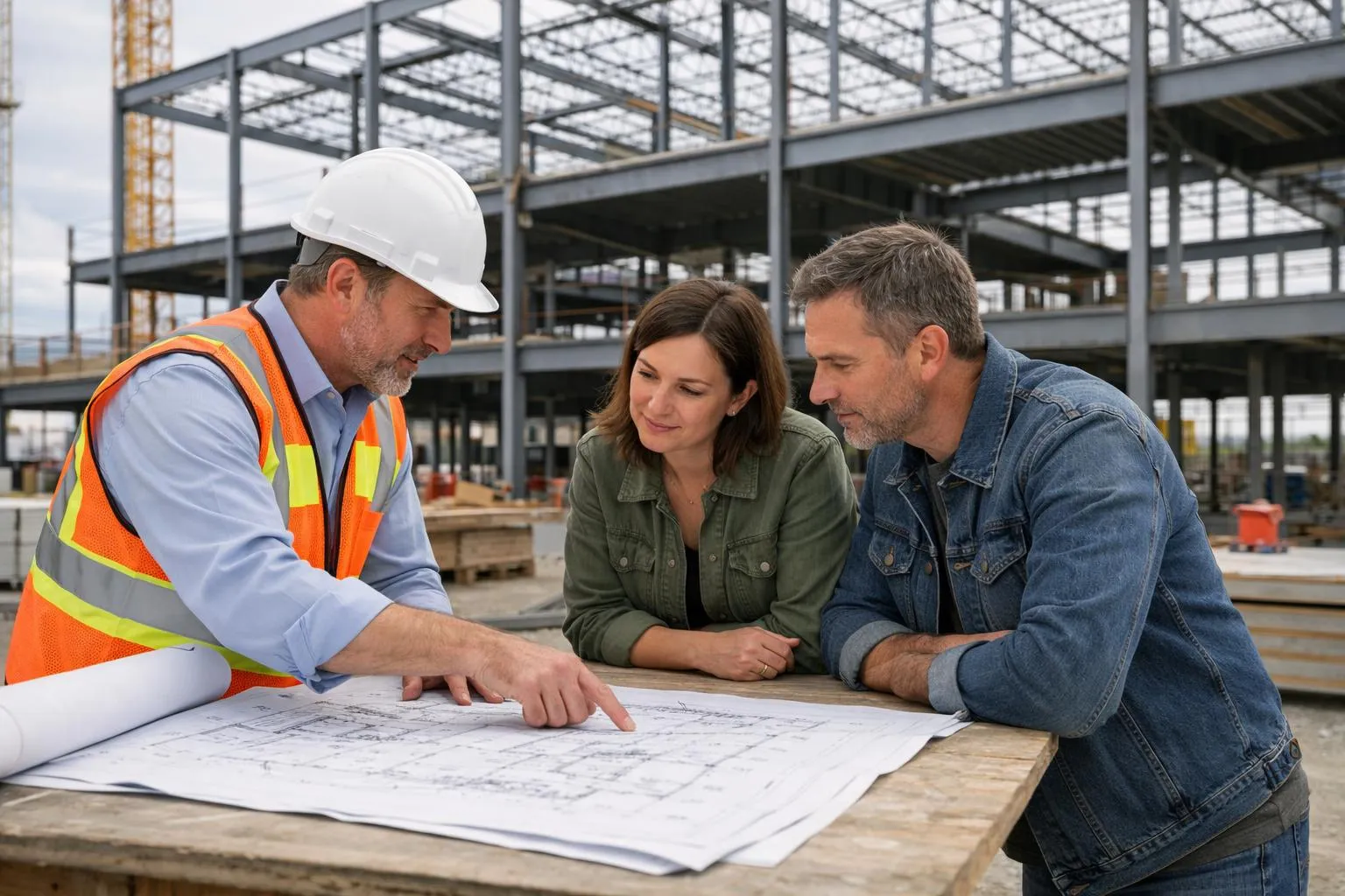 Expert en construction offrant des conseils personnalisés à des clients sur un chantier. Illustre la transformation de projet