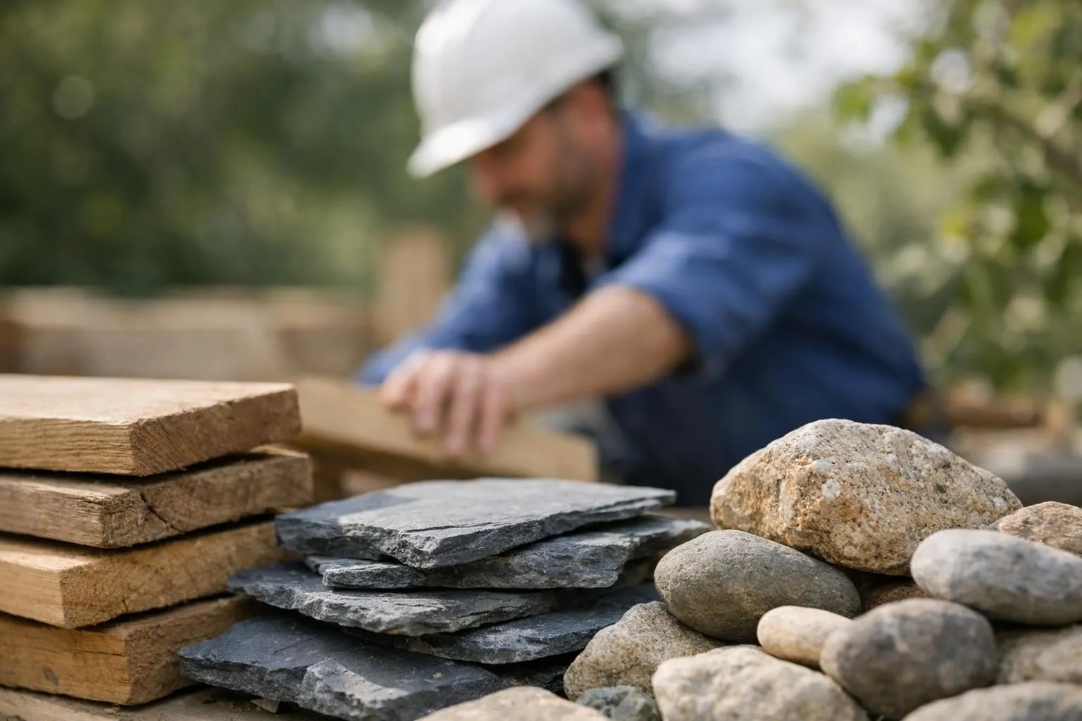 Fournisseur matériaux naturels construction, artisan sélectionne des planches de bois et pierres pour projet de construction.