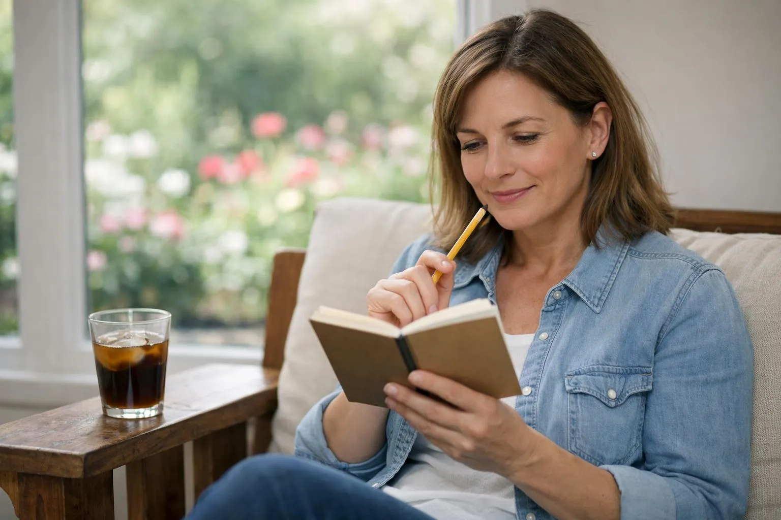 Femme évaluant des avis clients sur Global Stone avec un cahier et un crayon