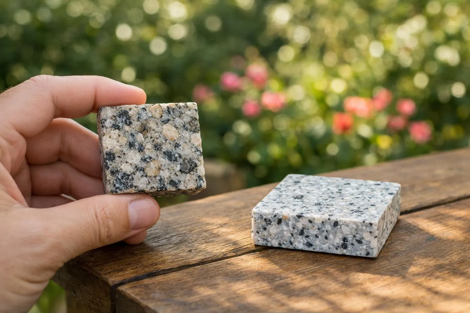 "Comparaison de pierres naturelles et composites dans un jardin extérieur"
