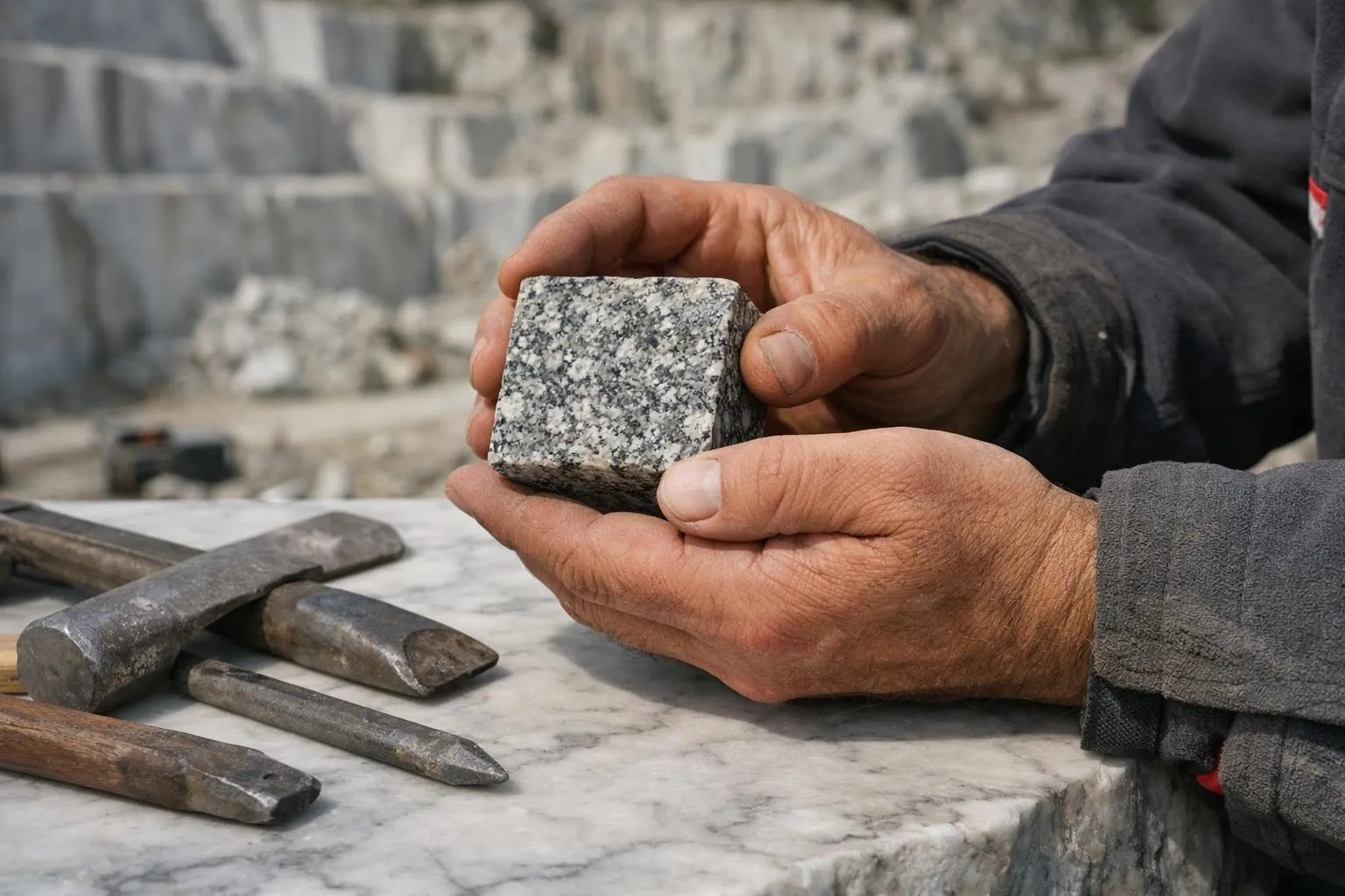 "Main d'artisan suisse avec échantillon de granit et marbre, carrière de pierre en arrière-plan"
