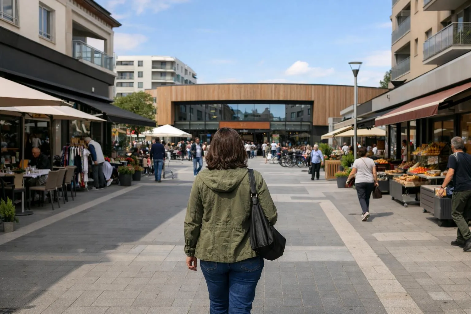 "Découvrez le guide ultime pour explorer les commerces de Meyrin, photo d'un parcours dans la rue commerçante de Meyrin"