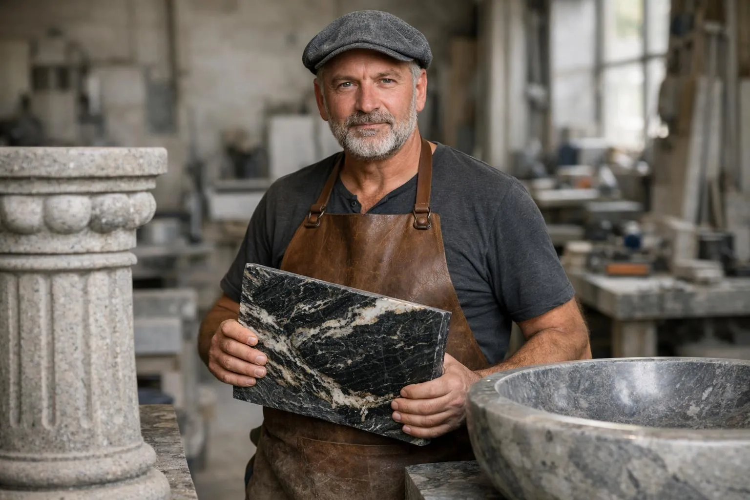 Un professionnel du bâtiment avec une pierre naturelle polie, artisan qualifié en pierre, spécialiste de la pierre naturelle.