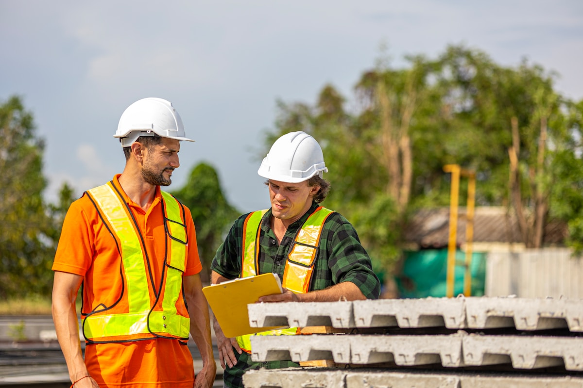 Deux ouvriers du bâtiment en équipement de sécurité discutent sur un chantier.