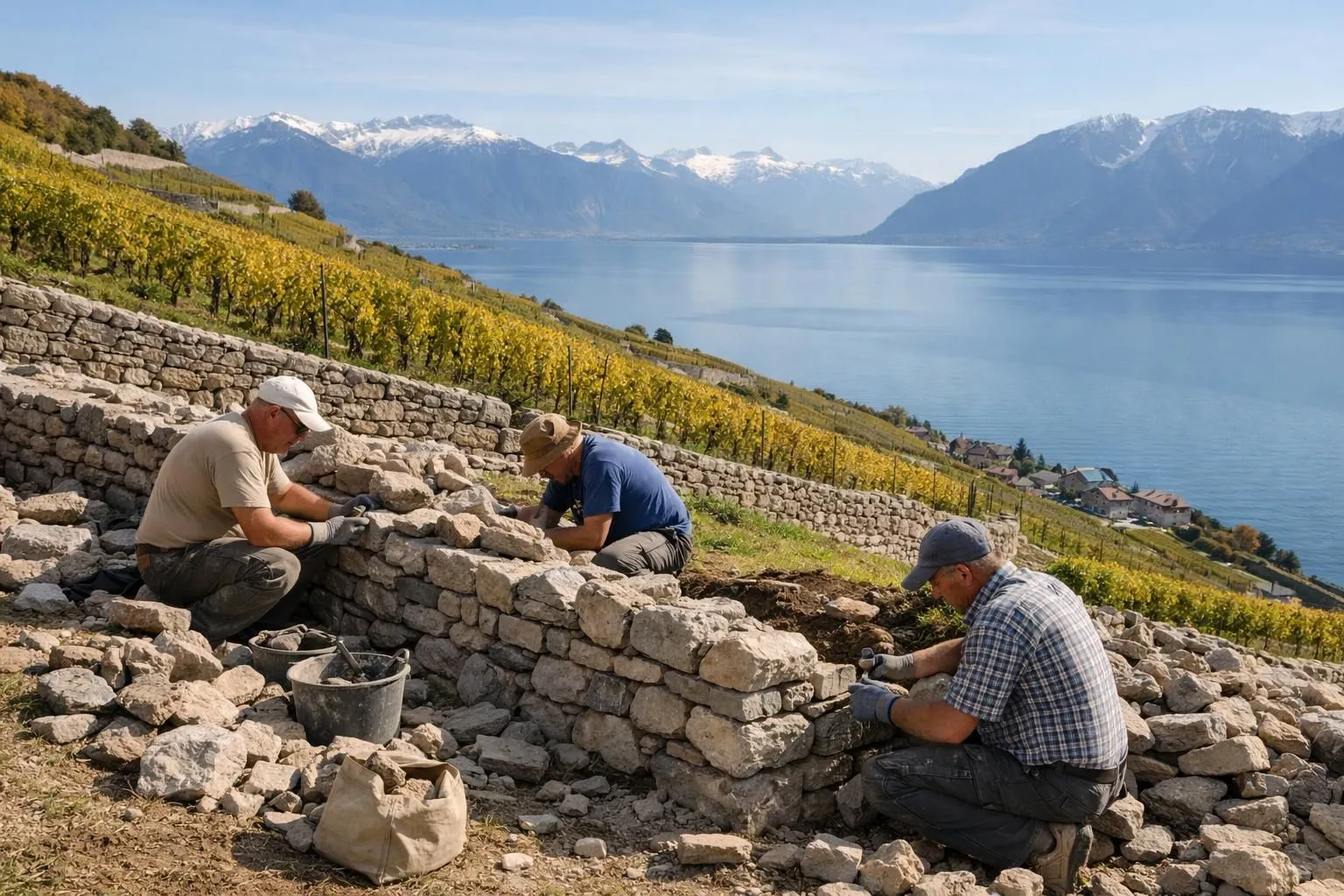 Terraced Swiss vineyard with traditional dry stone retaining walls in Lavaux, stone masons working on restoration under autumn sunlight, Lake Geneva and Alps visible in background, showcasing craftsmanship and alpine landscape integration