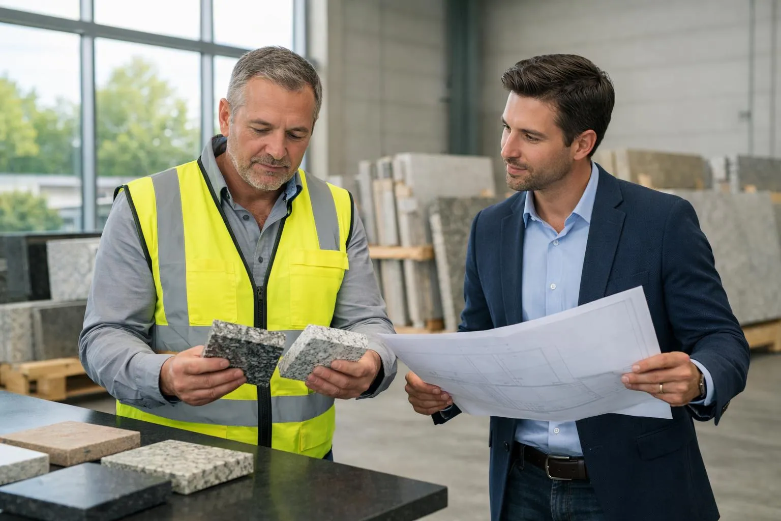 Professional stone consultant in safety vest examining granite samples with architect holding blueprints in modern warehouse showroom, natural lighting through large windows, pallets of stone slabs visible in background