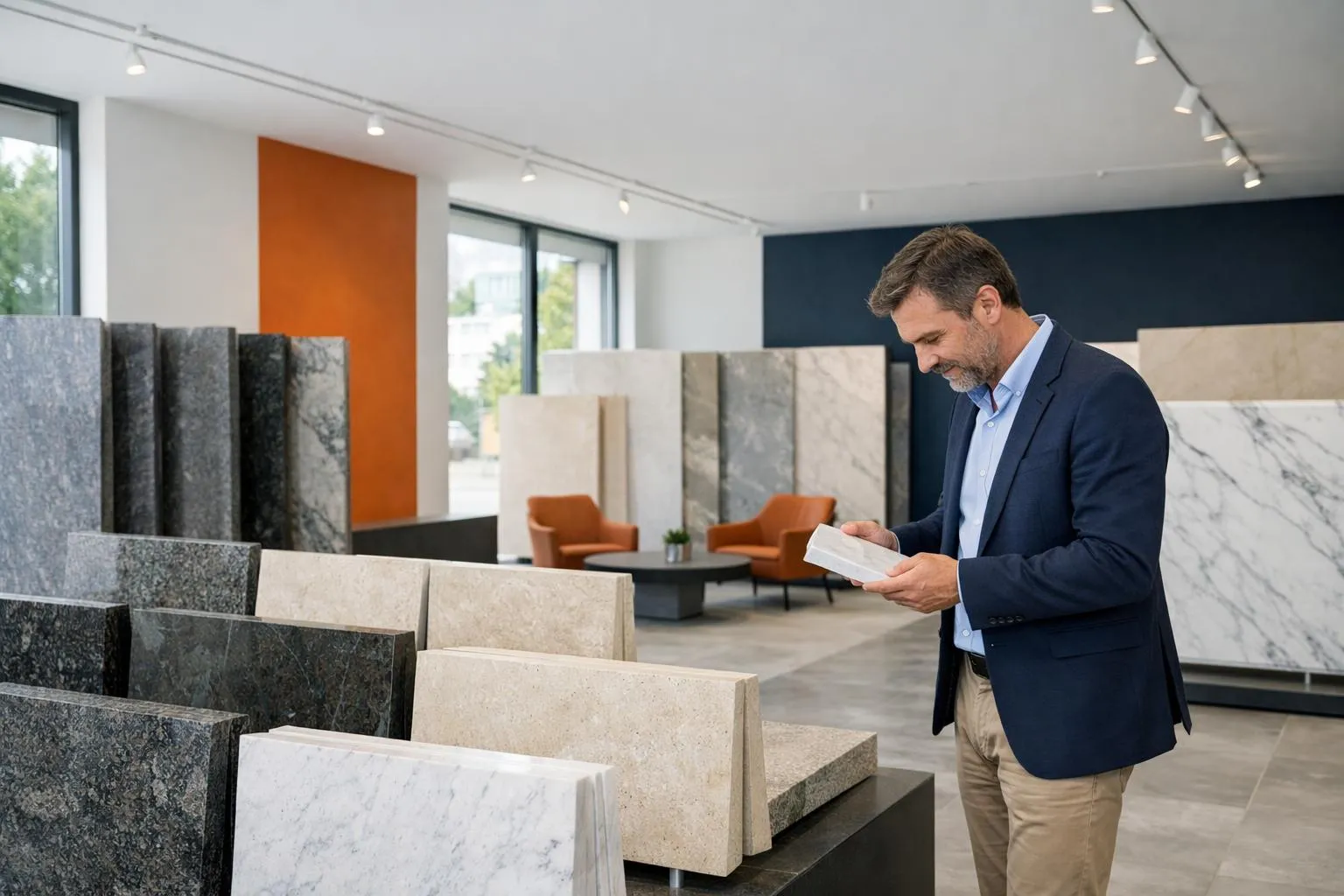 Close-up of polished natural stone slabs in granite, marble, and limestone arranged in a contemporary Swiss residential interior showroom, showing textures and veining patterns, with a professional examining samples under natural lighting