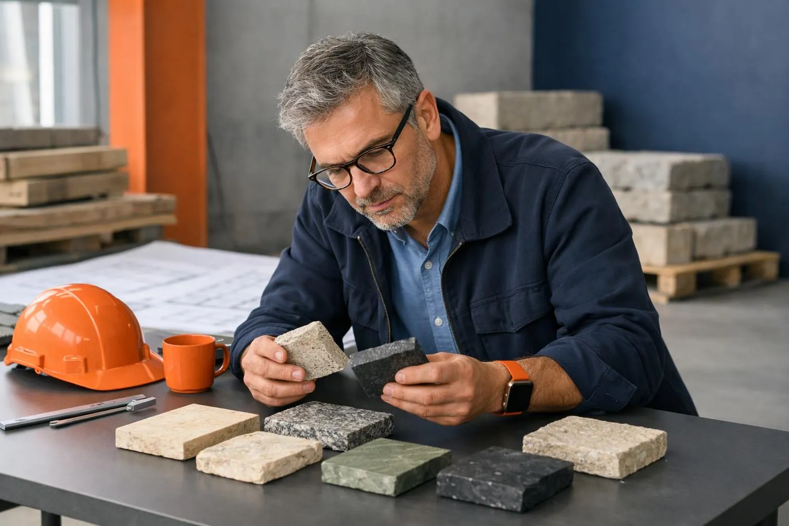 Architecte suisse examinant des échantillons de pierres naturelles sur une table de chantier moderne, avec plans de construction visibles en arrière-plan et matériaux bruts empilés, lumière naturelle d'atelier