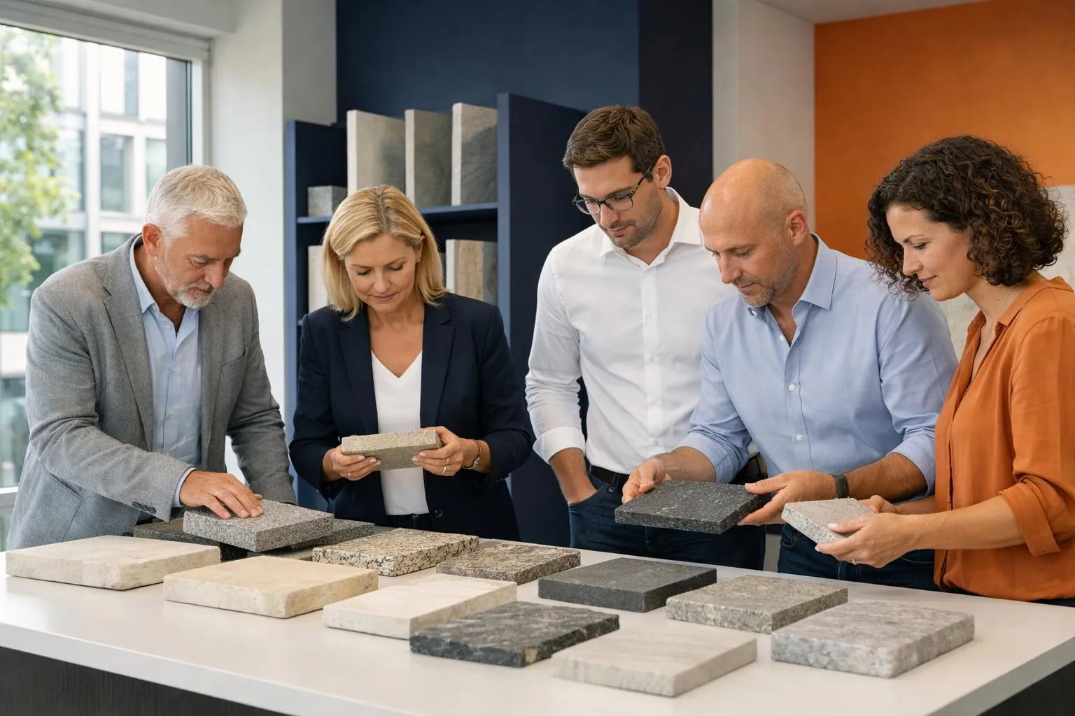 Swiss architects and construction professionals examining natural stone samples on large display table in modern showroom, with material swatches and documentation, natural lighting emphasizing stone textures and quality inspection process