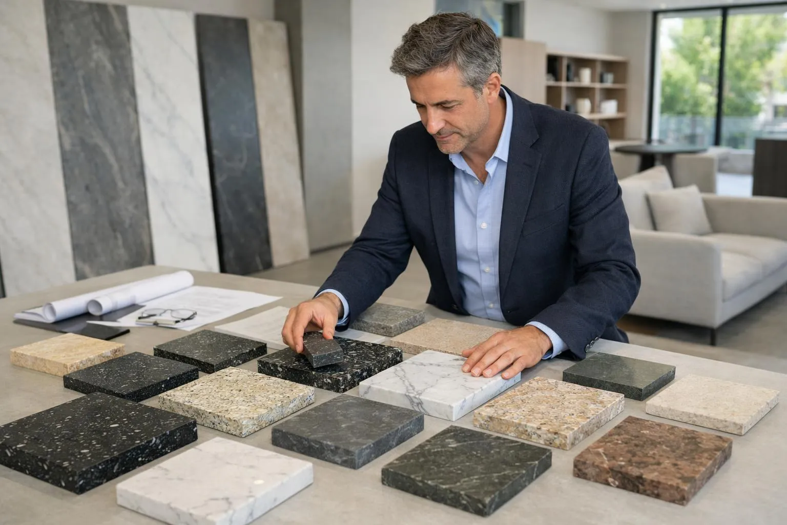 Professional architect examining various natural stone samples on a large work table in a modern Swiss showroom, with different textures and colors of granite and marble slabs visible, natural lighting, contemporary interior