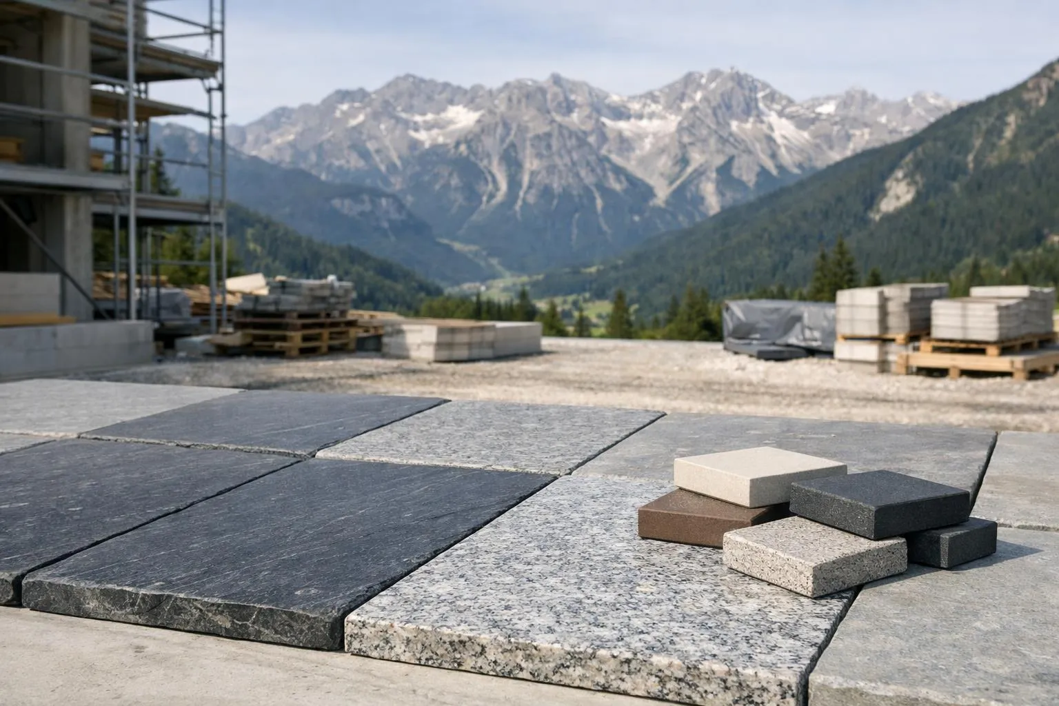 Close-up view of natural stone slabs (granite, slate) placed next to composite material samples on an outdoor work surface, with Alpine mountain landscape visible in background, professional construction setting showcasing texture and quality comparison between materials for Swiss building projects, natural daylight, no text or labels visible
