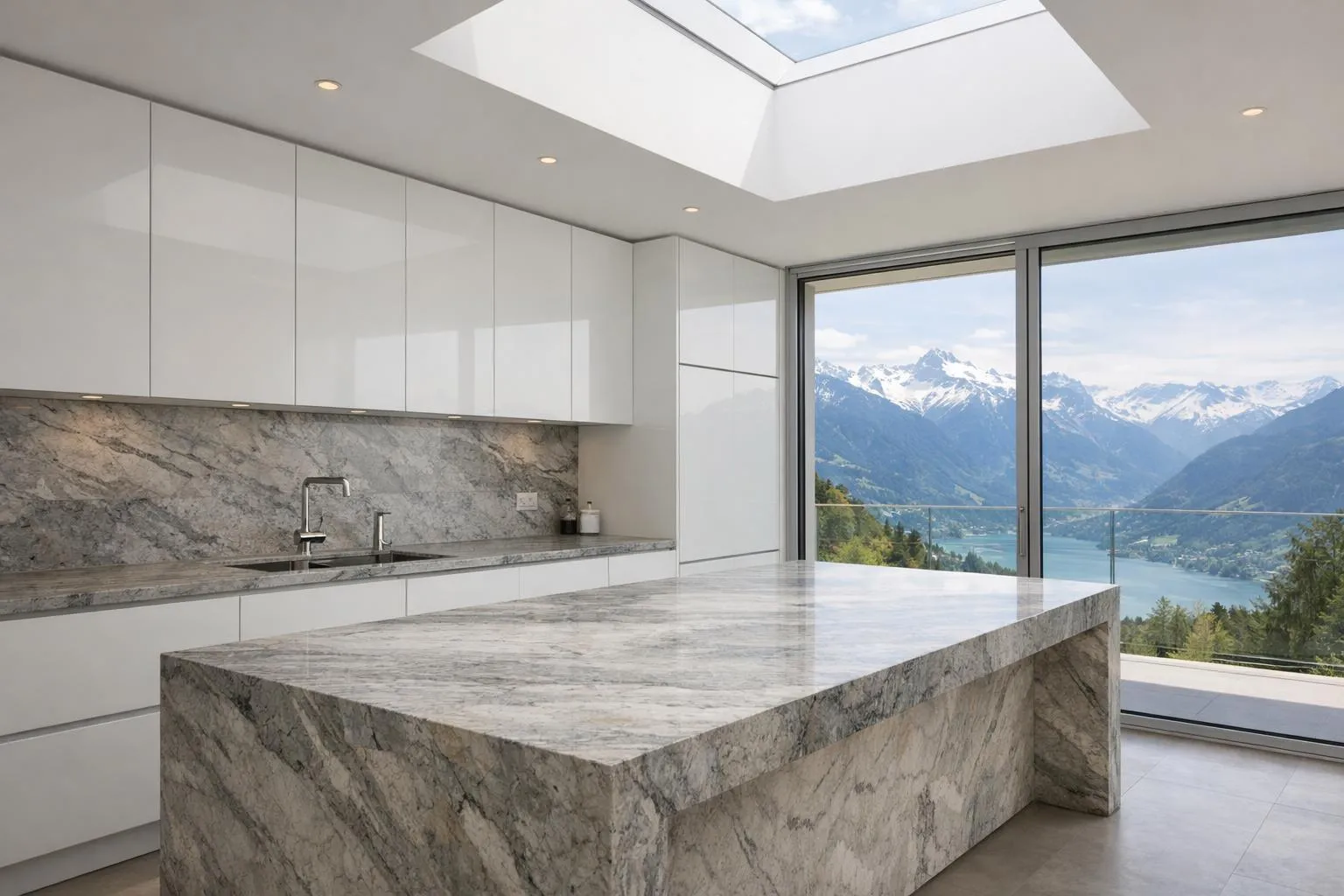Cuisine contemporaine suisse avec grand plan de travail en granit veiné gris, îlot central en pierre naturelle, luminosité zénithale, armoires laquées blanches, robinetterie chromée minimaliste, vue sur les Alpes par baie vitrée