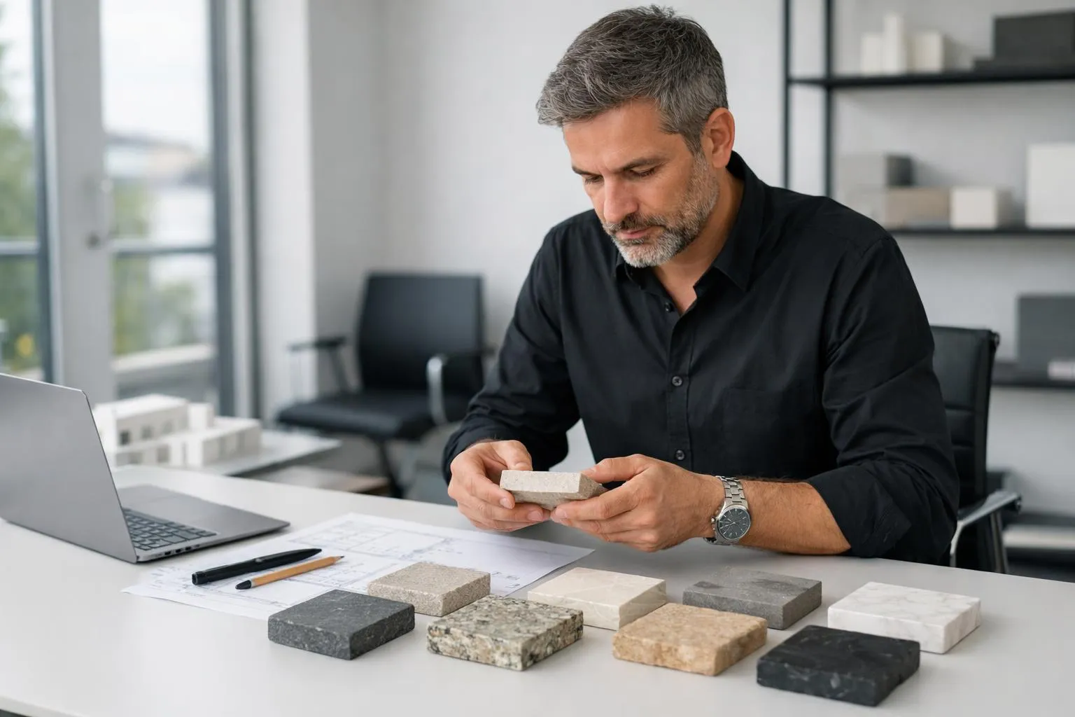 Bureau d'architecte contemporain à Genève avec table de travail montrant des échantillons de pierre naturelle et documents de certification ouverts, lumière naturelle traversant de grandes fenêtres, ambiance professionnelle suisse