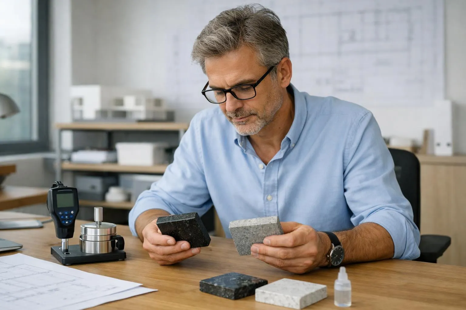 Professional architect in modern Swiss design studio examining polished granite and quartzite stone samples with digital hardness tester and porosity measurement tools on wooden desk, natural daylight from large windows, technical blueprint visible in background