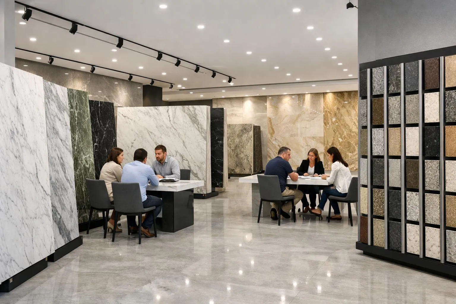 Spacious natural stone showroom in Meyrin with professional lighting displaying marble slabs, granite samples on vertical stands, and polished stone surfaces, customers consulting with specialists in modern commercial space