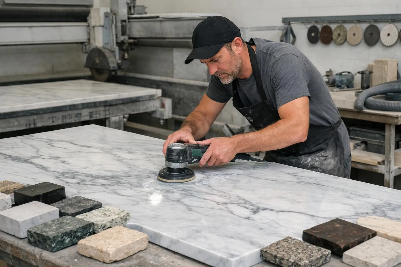 Artisan marbrier professionnel polissant un plan de travail en marbre dans un atelier suisse moderne équipé d'outils de découpe et de finition, avec des échantillons de pierre naturelle disposés autour de l'espace de travail